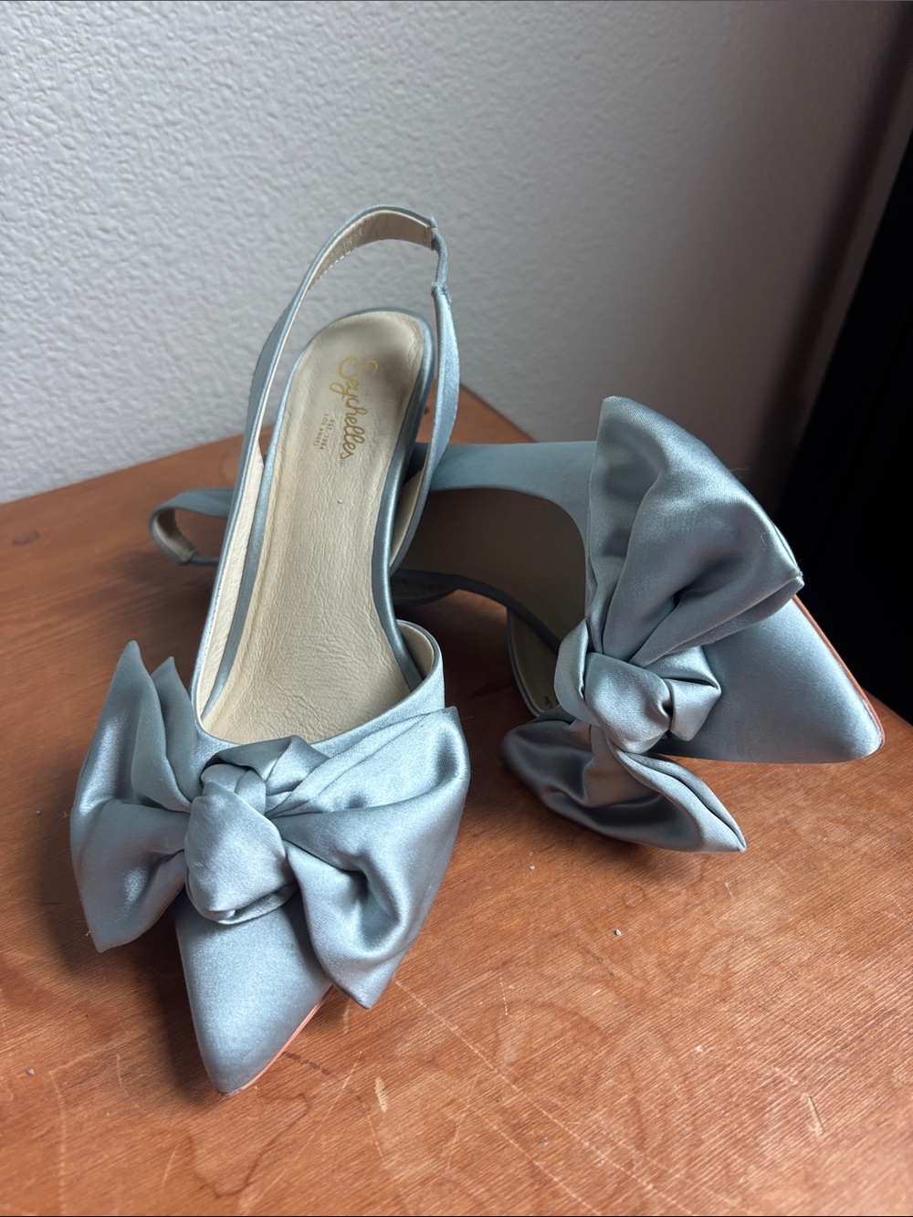 Seychelles Baby Blue Satin Bow Pointed-Toe Slingback Mules
